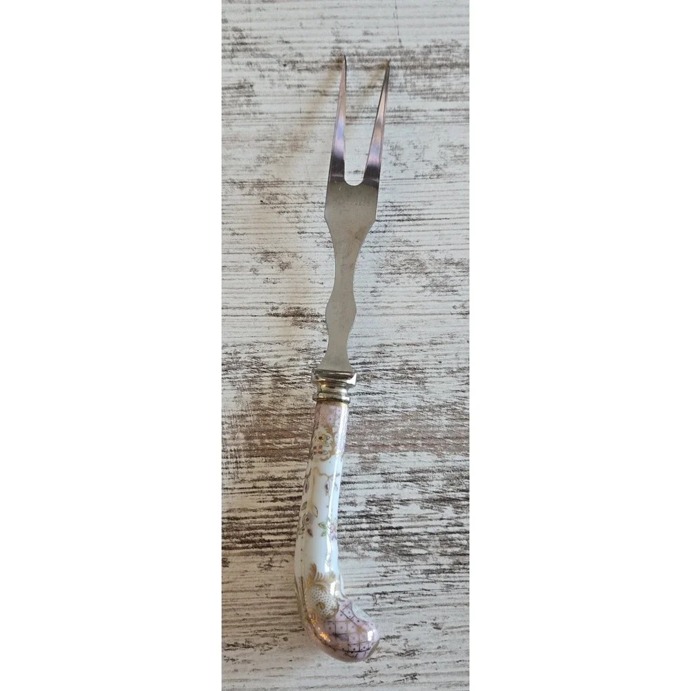 Vtg Sheffield England Porcelain Handle Serving Fork Ornate Floral 3-Tine Gold